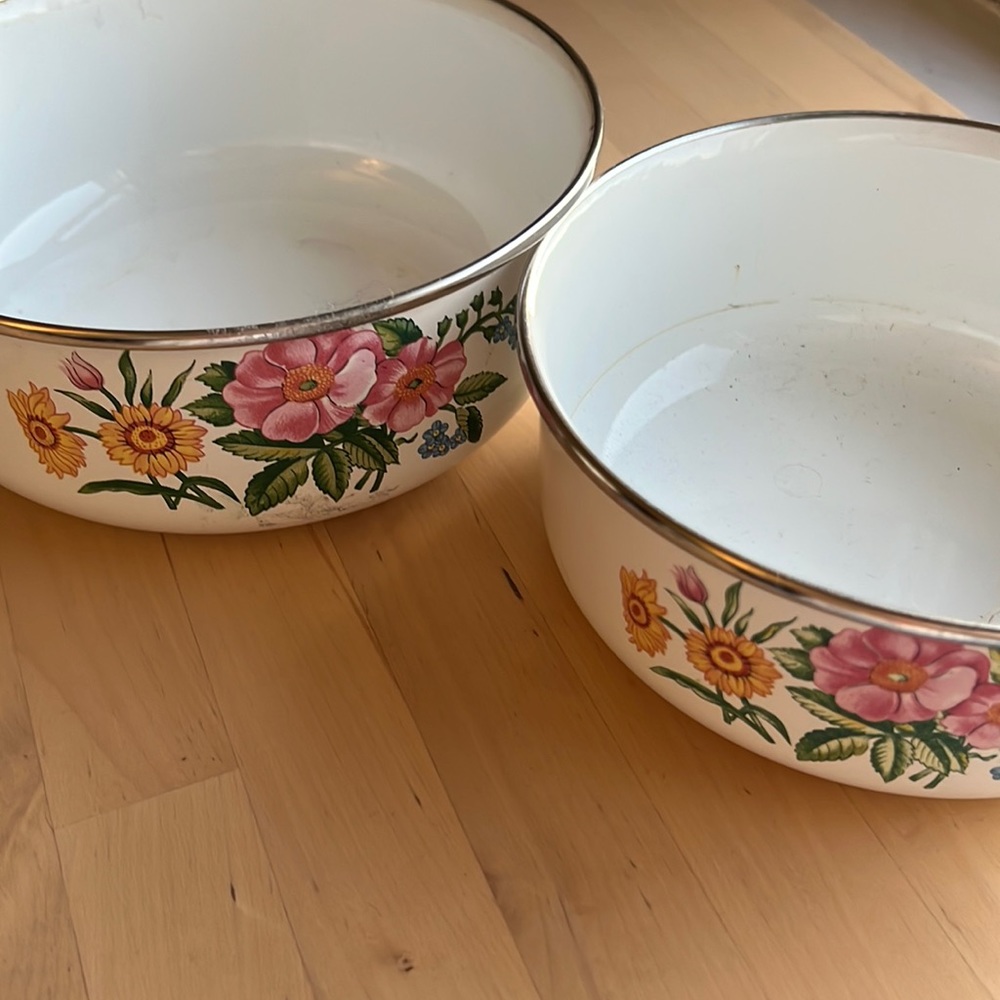 2 Vintage White Floral Enamel Mixing Bowls